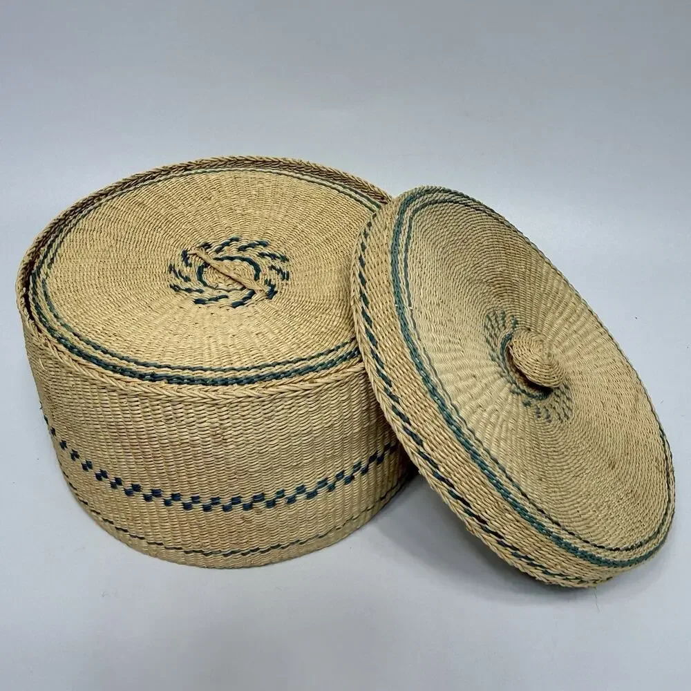 Set 2 Beige Teal Green Tightly Woven Nesting Baskets Lids Boxes Round 5.75